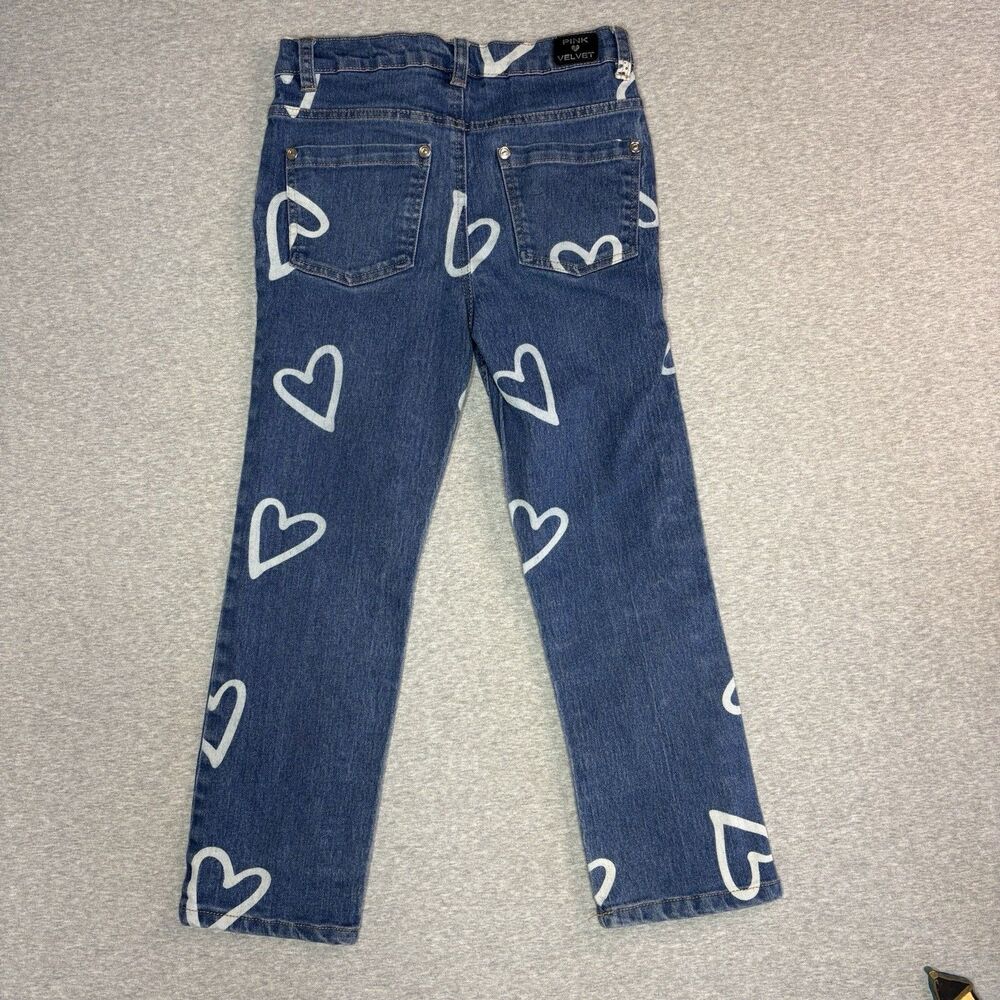 Pink Velvet Girl's Denim Jeans Size 7 with White Heart Imprint - Picture 2 of 12